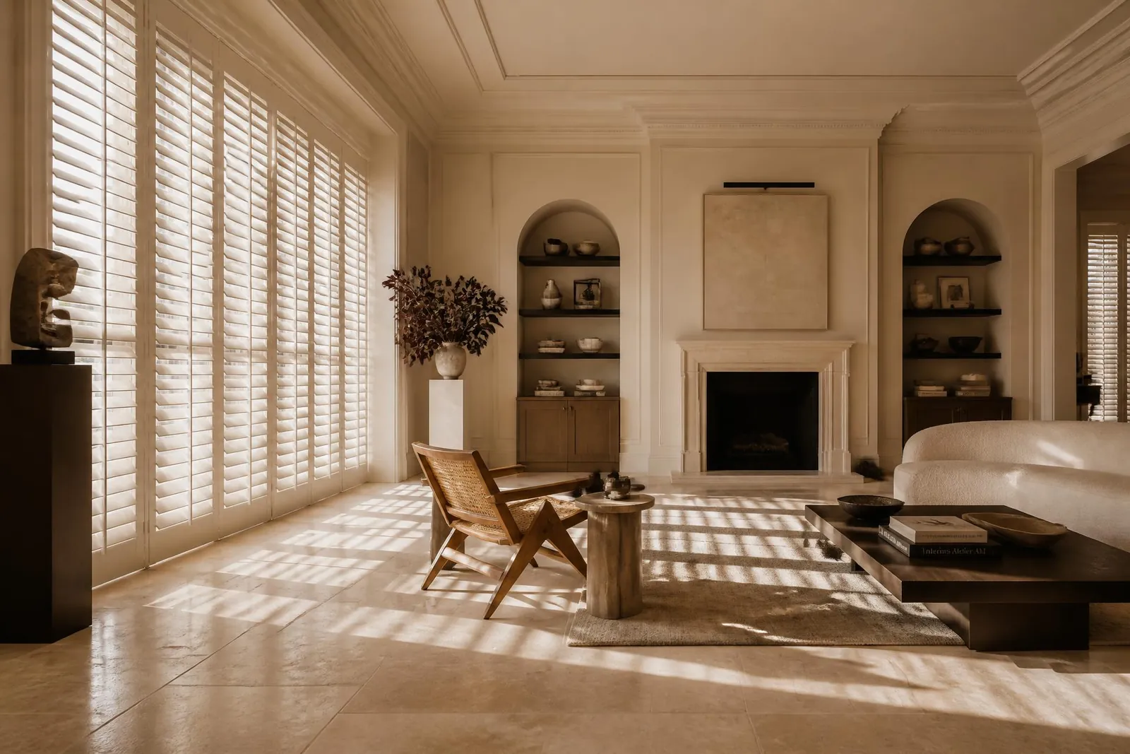 Sunlit living room fitted with full height plantation shutters